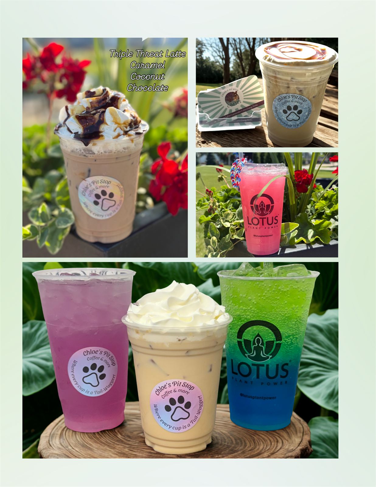 A collage of Chloe's Pit Stop drinks, including the Triple Threat latte, iced lattes, and colorful Lotus energy drinks
